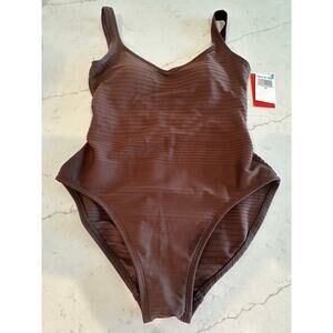 Anne Klein NWT Women’s Size 12 Brown Textured One Piece Swimsuit Tummy Control